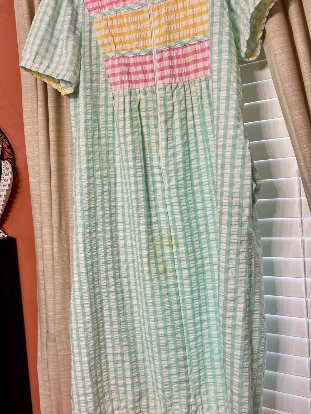 Light Green Striped Women's Cotton Robe with Pink & Yellow Accents